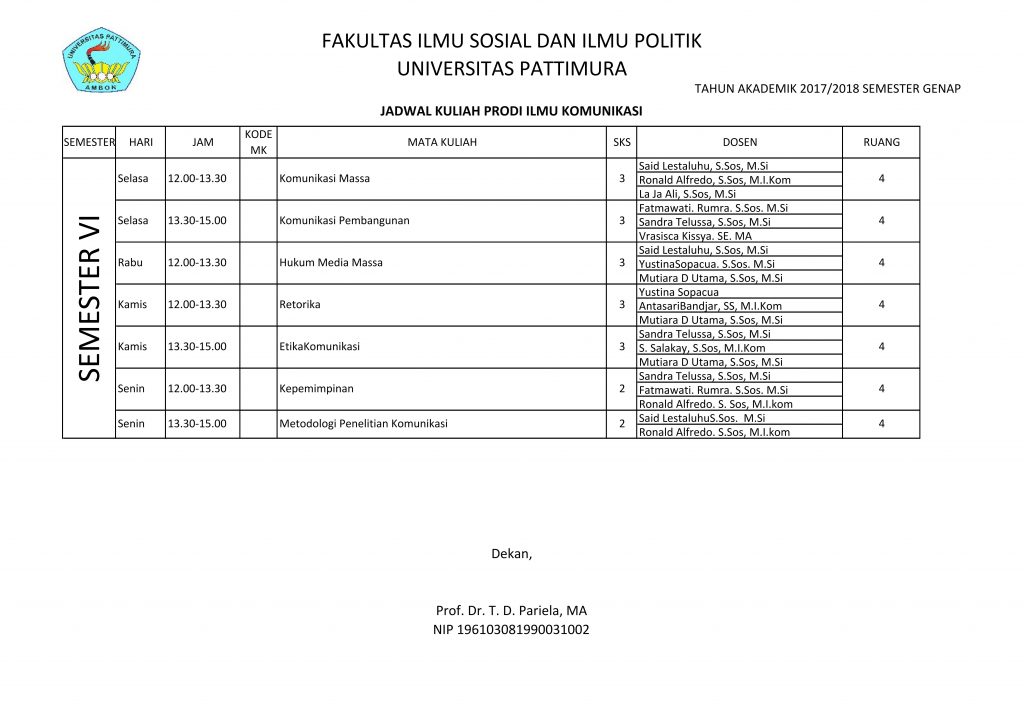 Jadwal Kuliah Genap Jurusan Ilmu Administrasi Fisip Unpatti